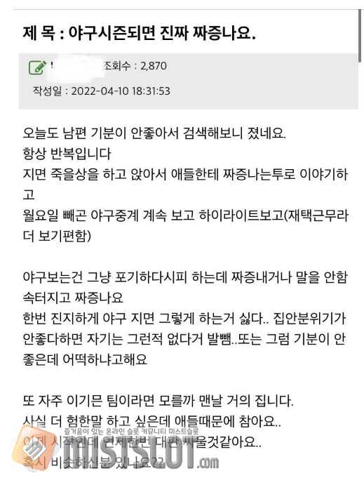 남편이 야구보는게 싫은 와이프 ㅋㅋㅋ